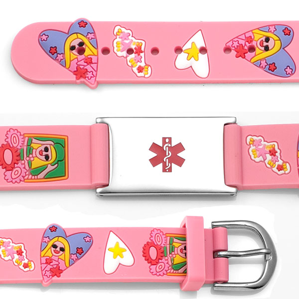 Rubber Watch Band Pink Girls & Hearts Kids ID Bracelets inset 1