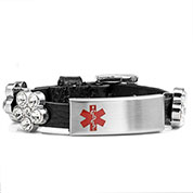 Black Leather Bracelet with Crystal Flowers - Medical ID - HSKU:2028-B
