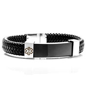 Classy Black Leather and Steel Medical ID Bracelets for Men