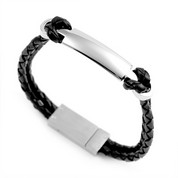Braided Black Leather & Stainless ID Bracelet 8 1/2 Inch