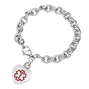 Medical Stainless Cable Link Heart Charm Bracelet 7.5 In