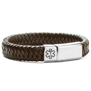 Braided Brown Leather Medical Alert Bracelet