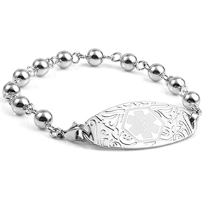 Silver Bead Bracelet and Designer Medical Tag