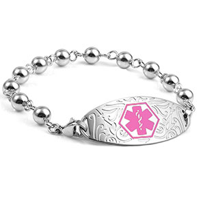 Silver Bead Medical Bracelet and Designer Pink Tag