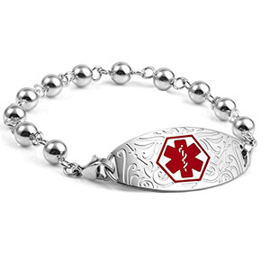 Silver Bead Medical ID Bracelet and Designer Red Tag