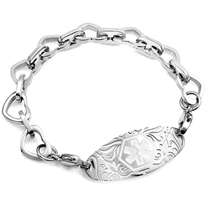 Silver Heart Link Bracelet with Medical Tag