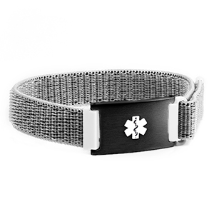 Grey Fabric Medical Bracelet with Black Tag Adjustable